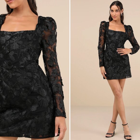 BRAND NEW XL -  HOLIDAY Masterfully Eloquent Black 3D Floral Mini Dress - Picture 4 of 4